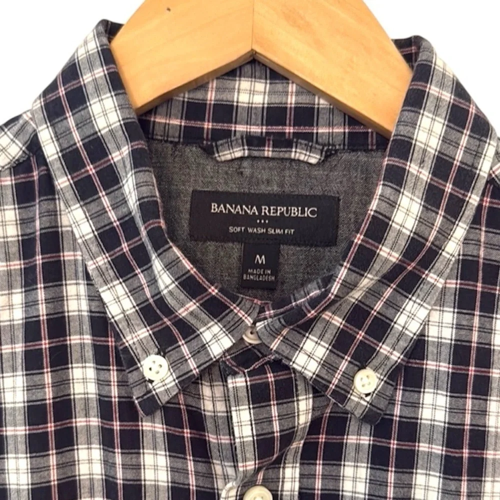 Banana Republic Soft Wash Slim Fit Plaid B/W Button Down Shirt Men’s Size M